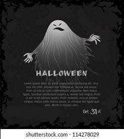 Card with spooky ghost. Dark grungy halloween background. Vector Illustration.