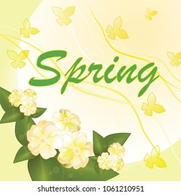 Card with spring beige flowers and green leaves on light background with butterflies and text