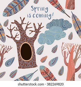 Card spring is coming. trees, cloud and feathers. seamless vector pattern