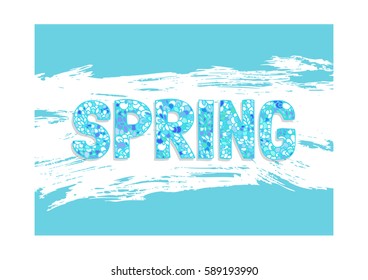 Card "spring" with floral word on brush stroke background. Ornate card made of hand-drawing.