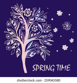 card spring flowering tree vector illustration on a blue background