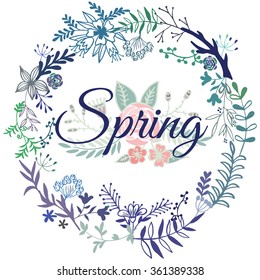 Card with spring flowers and branches. Stock vector