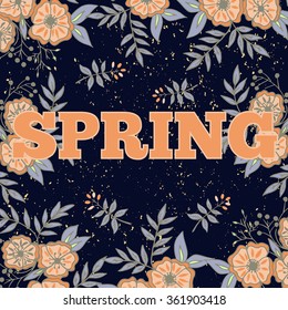 Card with spring flowers and branches. Stock vector