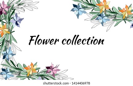Card with spring flowers. Drawn contour flowers for decoration, paper, cards, greetings. Vector illustration.