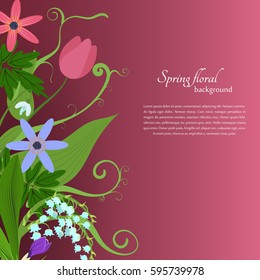 Card with spring flowers and simple text. Tulips, lilies of the valley, crocuses, anemones. For use as logos on cards, in printing, posters, invitations, web design and other purposes.