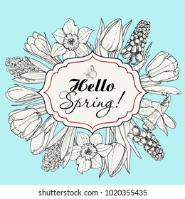 Card for spring season with white frame and flowers. Vector illustration for your design