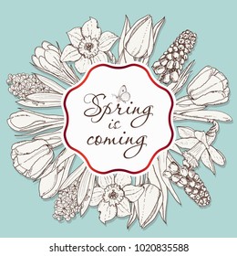 Card for spring season with white frame and flowers. Vector illustration for your design