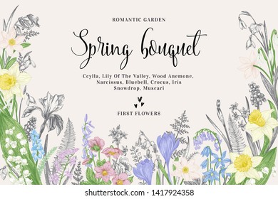 Card with spring and summer garden flowers. Vector botanical illustration. Gentle romantic background.