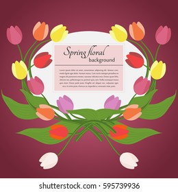 Card with spring tulips and simple text on a pink background. For use as logos on cards, in printing, posters, invitations, web design and other purposes.