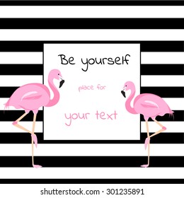 Card with square place for text  with stripes and two pink flamingos