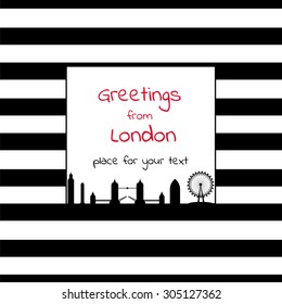 Card with square place for text  with stripes and London city sk