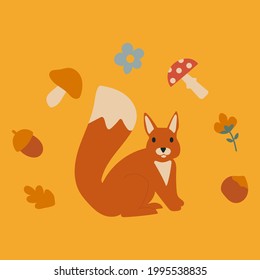 Card with squirrel and autumn elements.  Vector illustration in flat cartoon style. 
