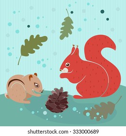 Card with squirrel, hamster, cone, oak leaves and some snow.