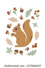 Card with squirrel and woodland plants. Cute childish illustration with forest animal and floral elements. Charming poster for nursery design, prints and apparel. Scandinavian vector illustration