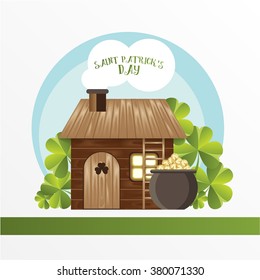 Card For St. Patrick Day. Leprechaun House And The Pot With Golden Coins. Cartoon Funny Style. Vector Illustration.