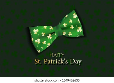 card for St. Patrick's day. 3d clover effect vector. The bow tie. Realistic banner design.