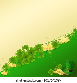 Card of St. Patrick's Day with clover leaves, gold coins and a leprechaun hat