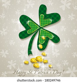 Card for St. Patrick's Day with clover and golden coins