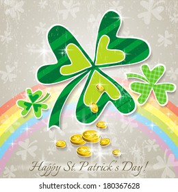 Card for St. Patrick's Day with clover and golden coins