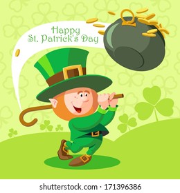 Card St. Patrick's Day. Cute leprechaun playing golf. Pot of gold coins