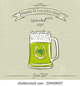 Card for St. Patrick's Day with green beer mug, vector