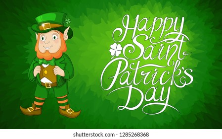 Card for St. Patricks Day with leprechaun in a suit. Invitation to an Irish party at the Pub. Party flyer or greetings postcard Happy Saint Patricks Day lettering.