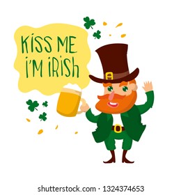 Card for St. Patrick's Day with leprechaun in a suit. Invitation to an Irish party at the Pub. Happy St. Patrick's Day. Greeting template for Saint Patrick's Day Celebration