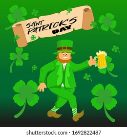 Card for St. Patrick's Day with leprechaun in a suit. Invitation to an Irish party at the Pub. 