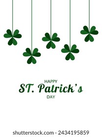 Card for St. Patrick's Day on March 17 with shamrocks suspended on string. Garland of green shamrock with place for text on white background.