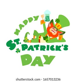 Tarjeta para el Día de San Patricio. Frase "Feliz Día de San Patricio" e ilustración de un gracioso leprechaun sosteniendo una pinta de cerveza verde.Objetos aislados en fondo blanco. Vector 8 EPS.