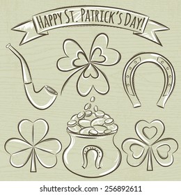 Card for St. Patrick's Day with  pot, shamrock, pipe and horseshoe, vector