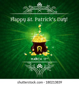 Card for St. Patrick's Day with text and pot with golden coins