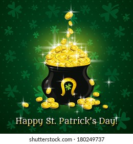 Card for St. Patrick's Day with text and pot with golden coins