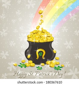 Card for St. Patrick's Day with text and pot with golden coins
