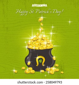 Card for St. Patrick's Day with text and pot with golden coins