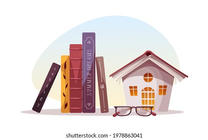 Card with stack of books, glasses, decorative house. Bookstore, bookshop, library, book lover, bibliophile, education concept. Isolated vector illustration for card, postcard, poster, banner.