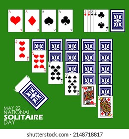 Un juego de apilamiento de cartas llamado solitaire con una caja de cartas vacías y textos en negrita sobre fondo verde, Día Nacional del Solitario 22 de mayo