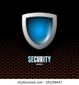 Card with steel glossy lightened shield and hex background