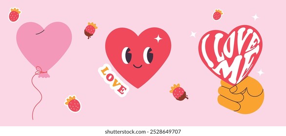 Card stickers set with heart and other elements for Valentines Day. For stickers, website banner, Sale, Valentine card, cover, flyer or poster trendy vector illustration. Retro style, self love