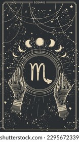 Card for stories with Zodiac sign Scorpio hand drawn, vintage boho illustration of astrology, black mystical background with stars, vector line illustration. Template for divination, calendar