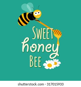 Card with styled typography related to bees and honey above which flies a honey bee holding a honey spoon, in vector