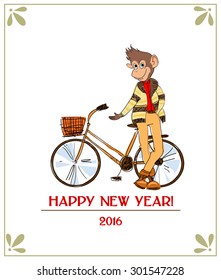 Card with stylish hipster monkey with bike. The symbol of the new year 2016