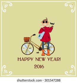 Card with stylish hipster monkey with bike. The symbol of the new year 2016
