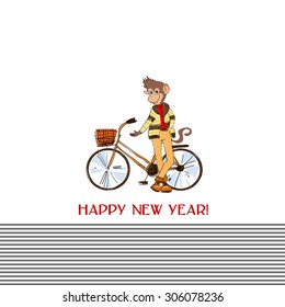 Card with stylish hipster monkey with bike. The symbol of the new year 2016. Suitable for greetings for the New Year and Christmas