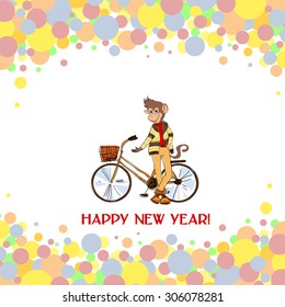 Card with stylish hipster monkey with bike. The symbol of the new year 2016. Suitable for greetings for the New Year and Christmas