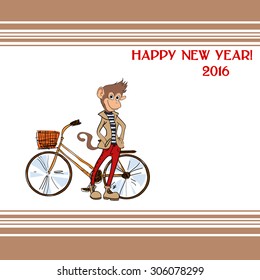 Card with stylish hipster monkey with bike. The symbol of the new year 2016. Suitable for greetings for the New Year and Christmas