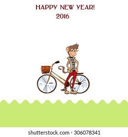 Card with stylish hipster monkey with bike. The symbol of the new year 2016. Suitable for greetings for the New Year and Christmas