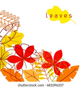 Card with stylized autumn foliage. Falling leaves in simple style.