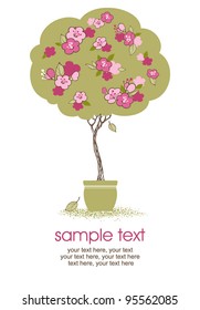card with stylized blossoming tree in pot