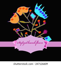 Card with stylized bouquets, label on a black  background. Hand drawn.